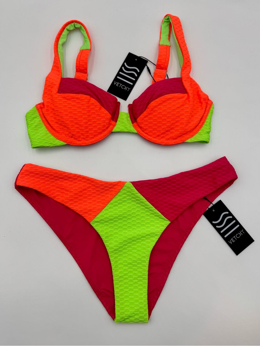 Vetchy Neon Colorblock Laguna Bikini - Orange, Fuchsia & Lime NWT Size Small
